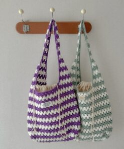 Túi Tote Dệt Tay Retro QYMI – Kẻ Sọc Hai Màu, Có Túi Lót Rút Bên Trong